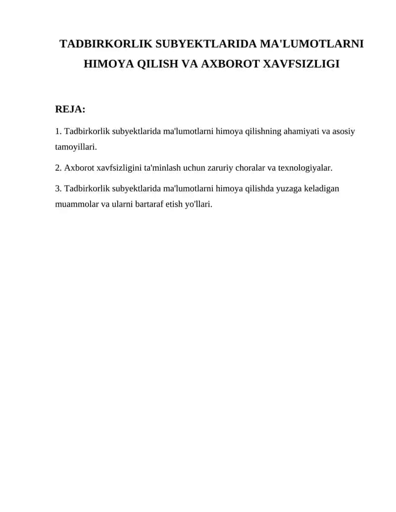 Tadbirkorlik subyektlarida ma'lumotlarni himoya qilish va axborot xavfsizligi
