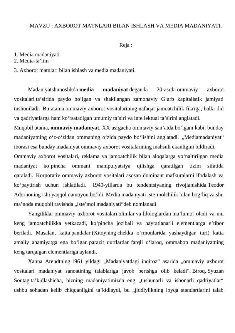 AXBOROT MATNLARI BILAN ISHLASH VA MEDIA MADANIYATI