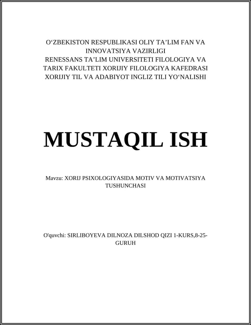 Xorij Psixologiyasida Motiv va Motivatsiya Tushunchasi