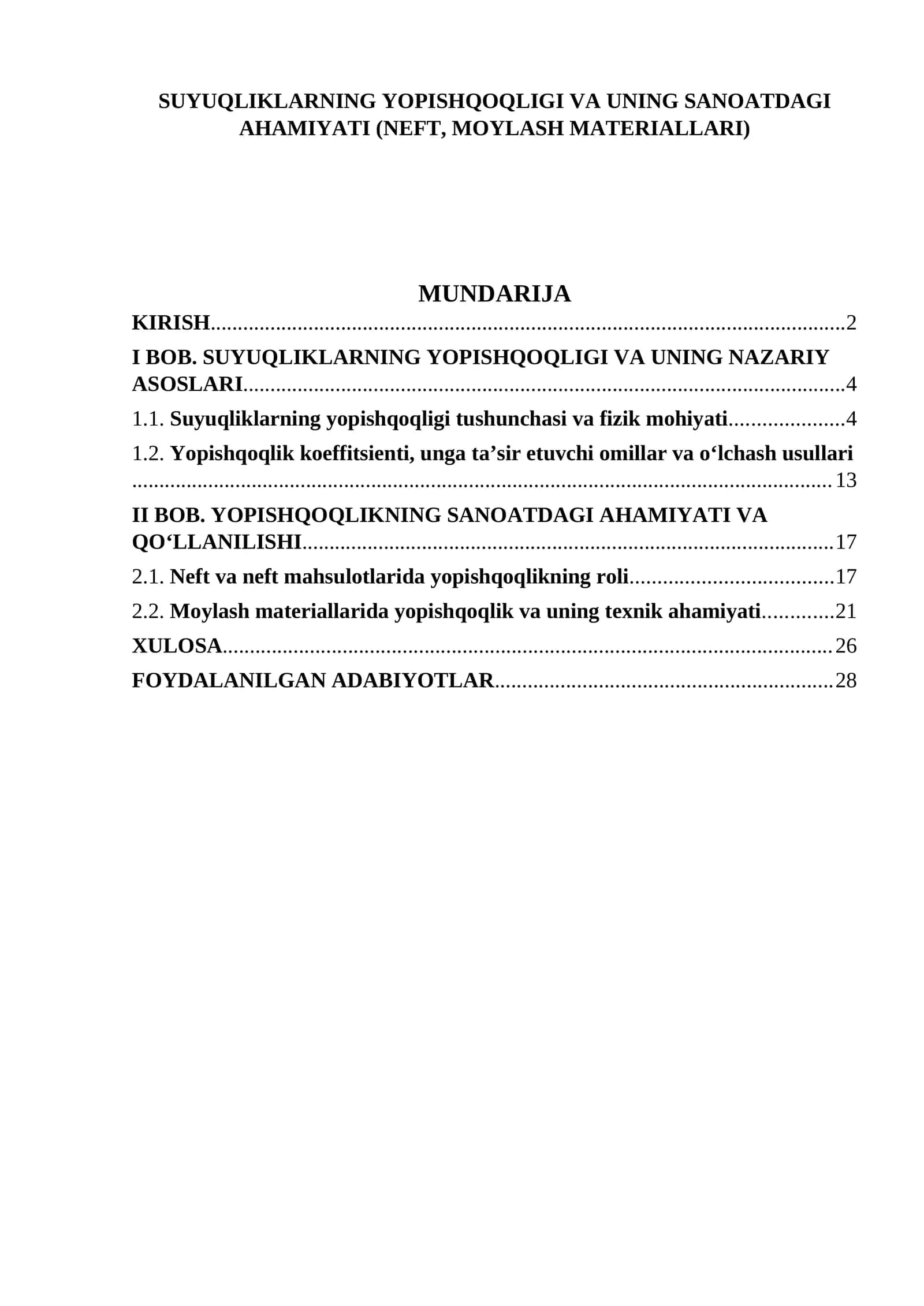 SUYUQLIKLARNING YOPISHQOQLIGI VA UNING SANOATDAGI AHAMIYATI (NEFT, MOYLASH MATERIALLARI)