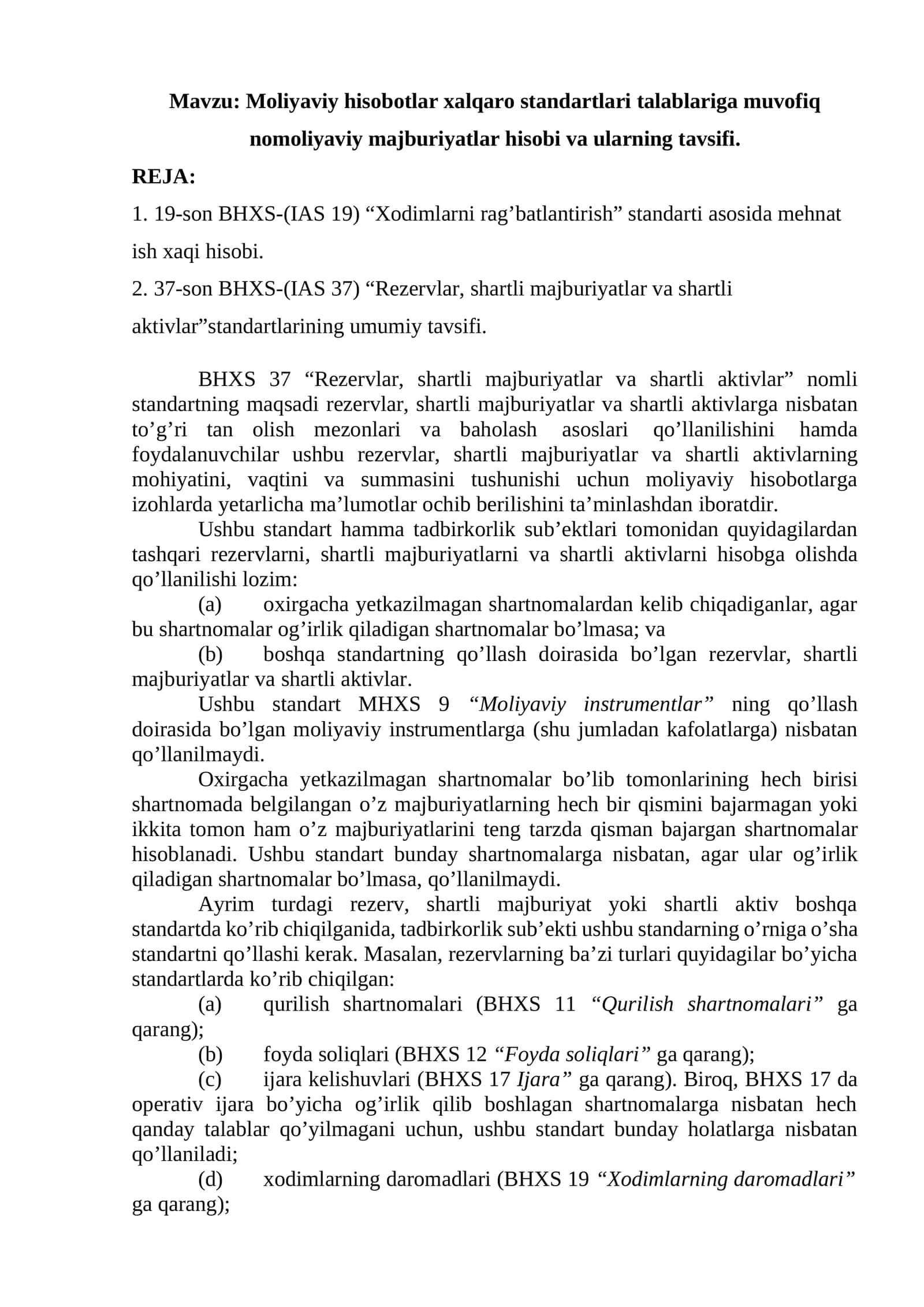 Moliyaviy hisobotlar xalqaro standartlari talablariga muvofiq nomoliyaviy majburiyatlar hisobi va ularning tavsifi