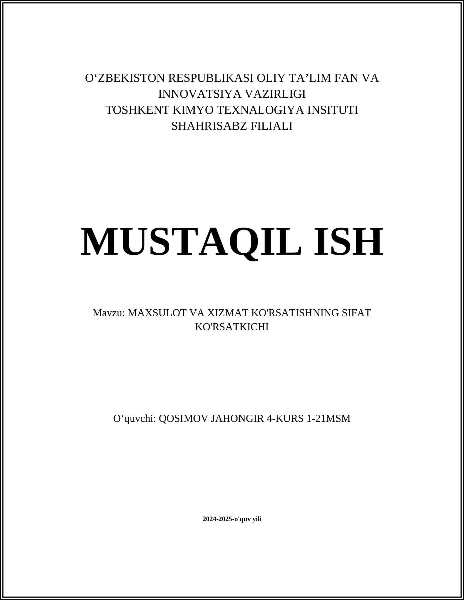 MAXSULOT VA XIZMAT KO'RSATISHNING SIFAT KO'RSATKICHI