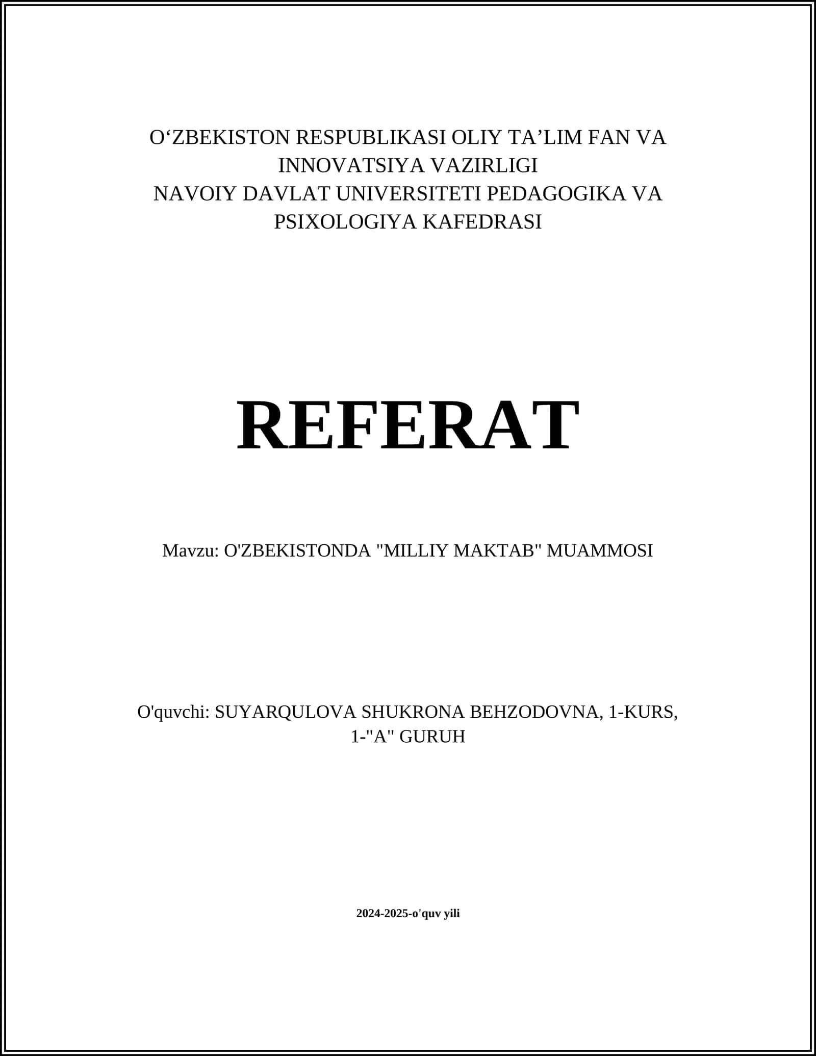 O'ZBEKISTONDA "MILLIY MAKTAB" MUAMMOSI