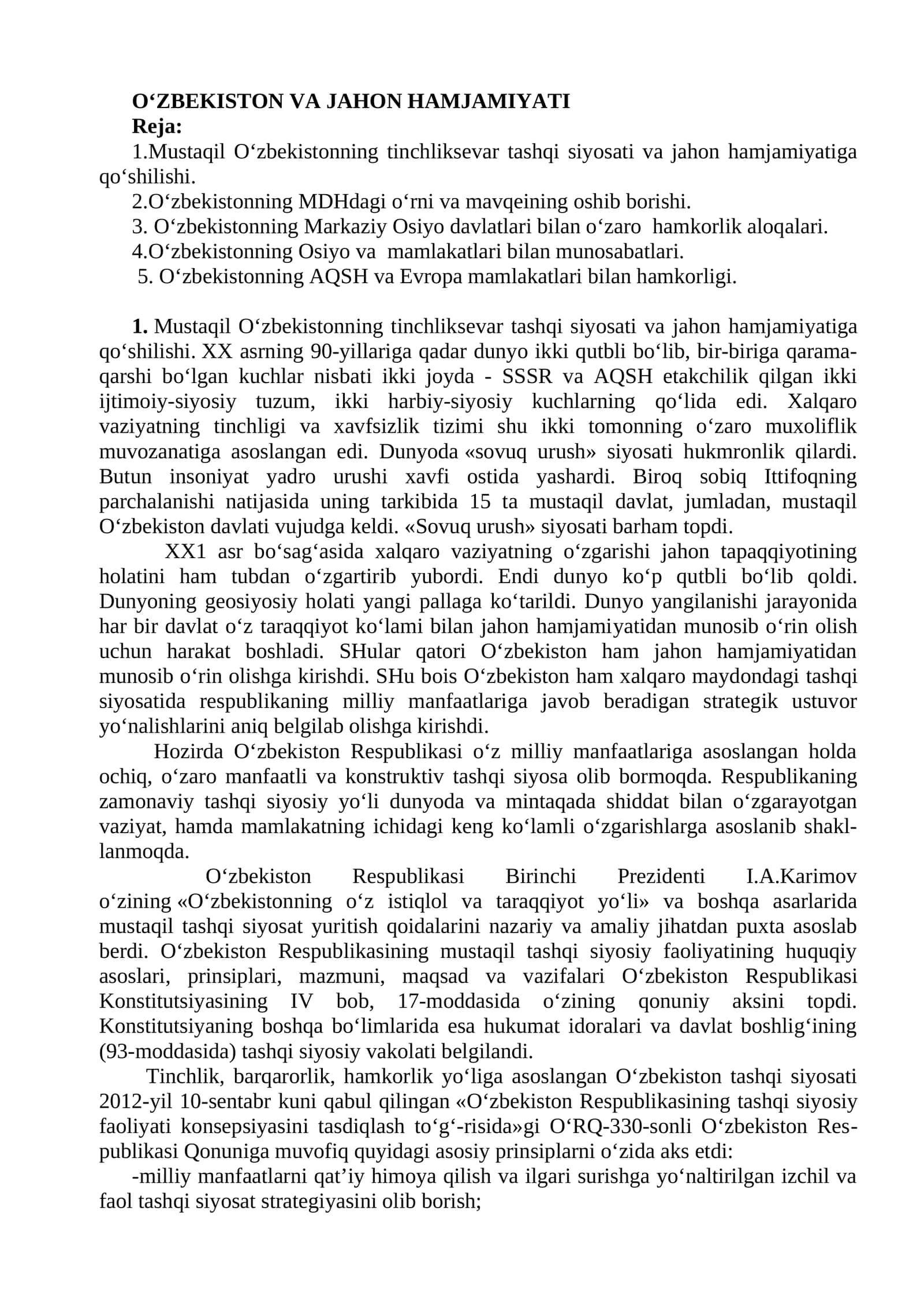 Mustaqil O‘zbekistonning tinchliksevar tashqi siyosati va jahon hamjamiyatiga qo‘shilishi