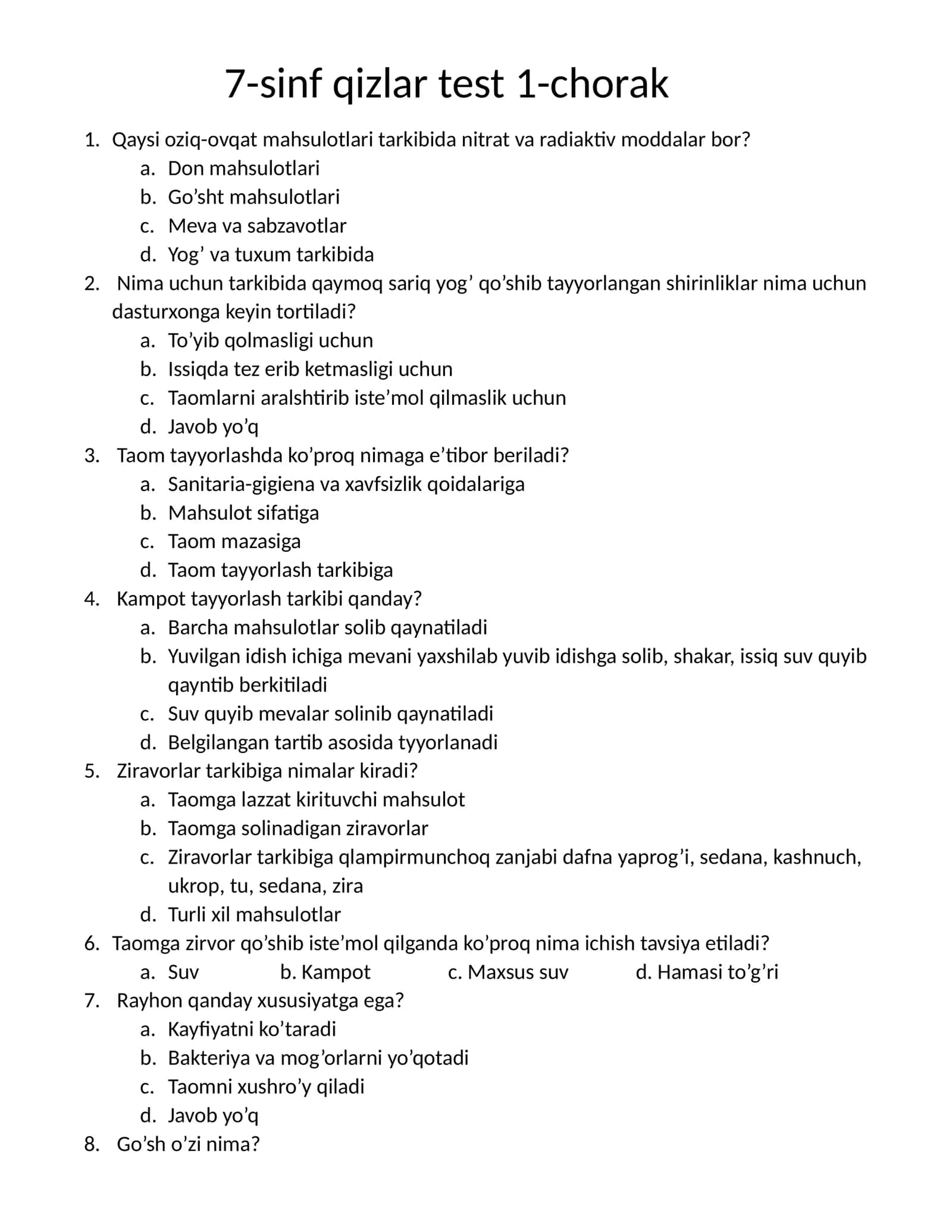 Texnologiya fani 7-sinf qizlarga test 1-chorak