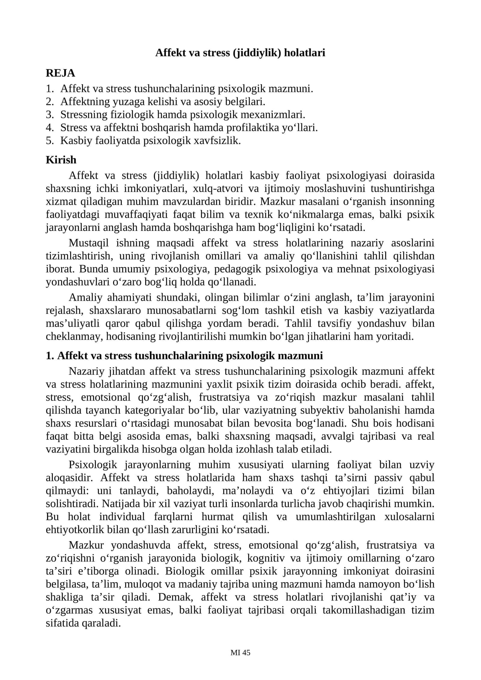 Affekt va stress (jiddiylik) holatlari