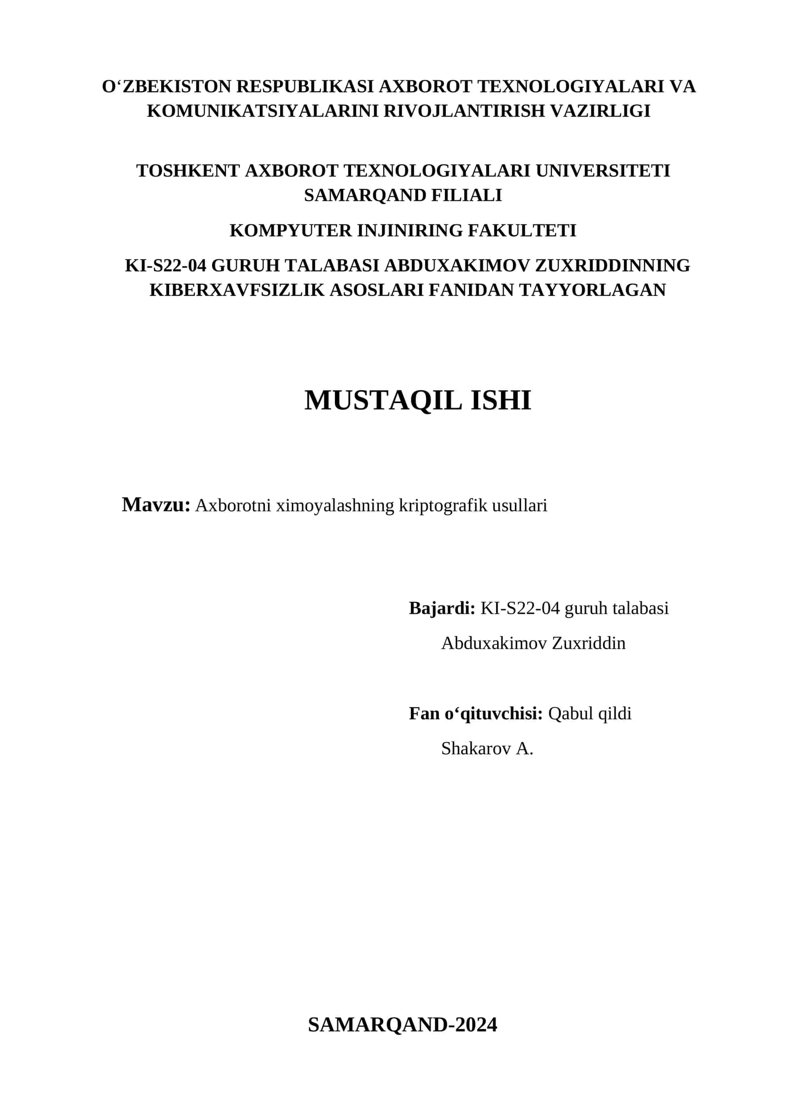Axborotni ximoyalashning kriptografik usullari