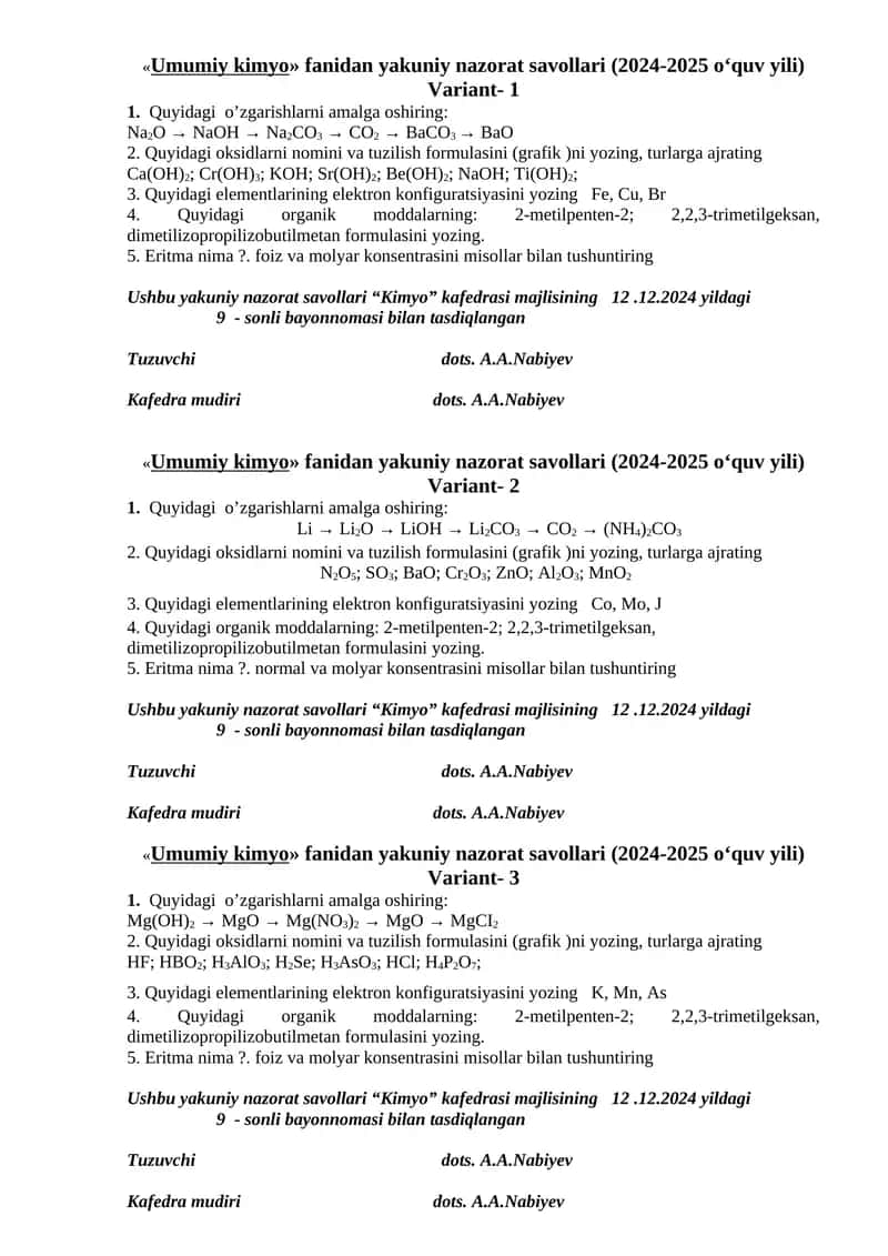 Umumiy kimyo fanidan yakuniy nazorat savollari (2024-2025 o‘quv yili) - Variant 1