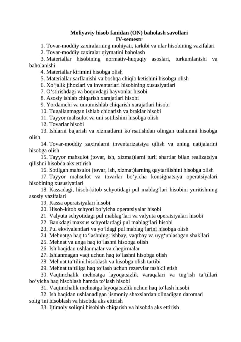 Moliyaviy hisob fanidan (ON) baholash savollari