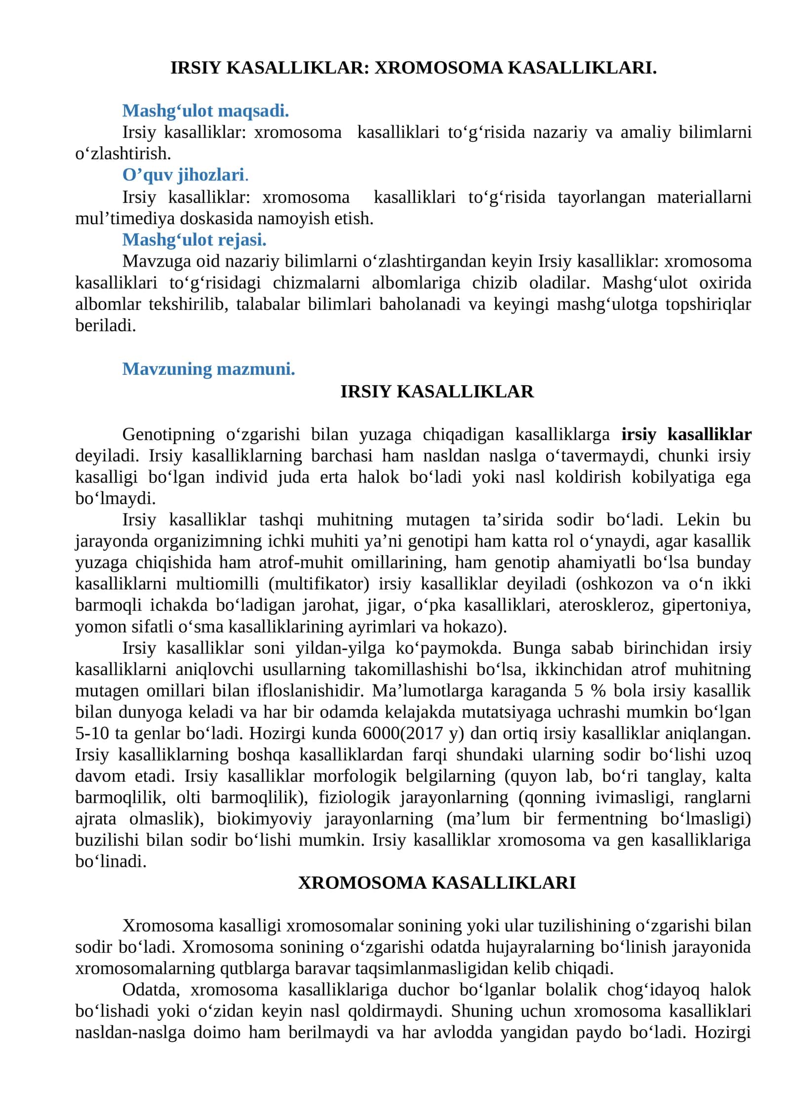 IRSIY KASALLIKLAR: XROMOSOMA KASALLIKLARI