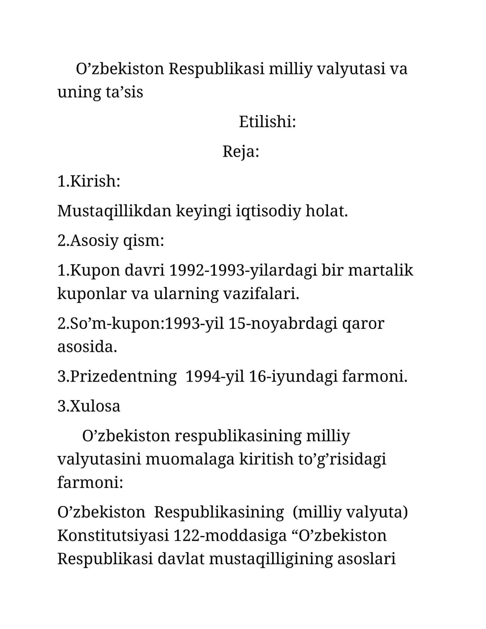 Milliy valyuta va uning ta'sis etilishi