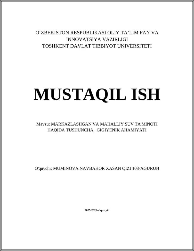 MARKAZLASHGAN VA MAHALLIY SUV TA'MINOTI