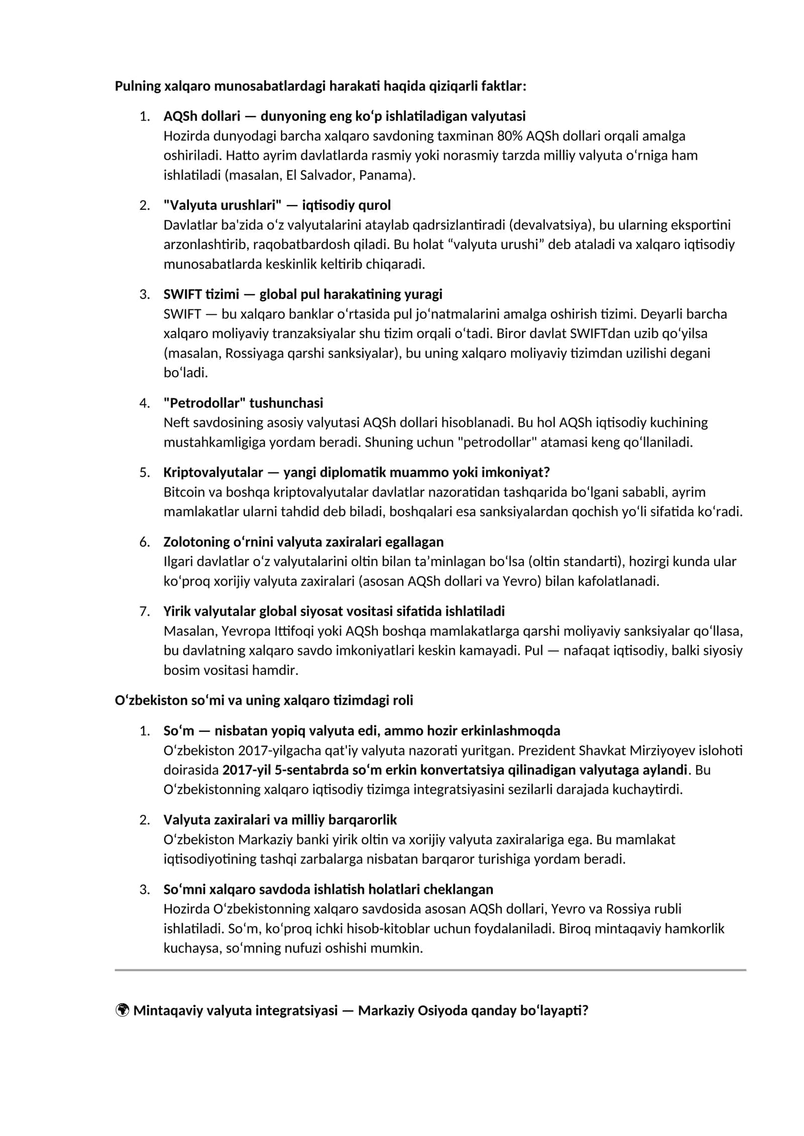 Pulning xalqaro munosabatlardagi harakati haqida qiziqarli faktlar