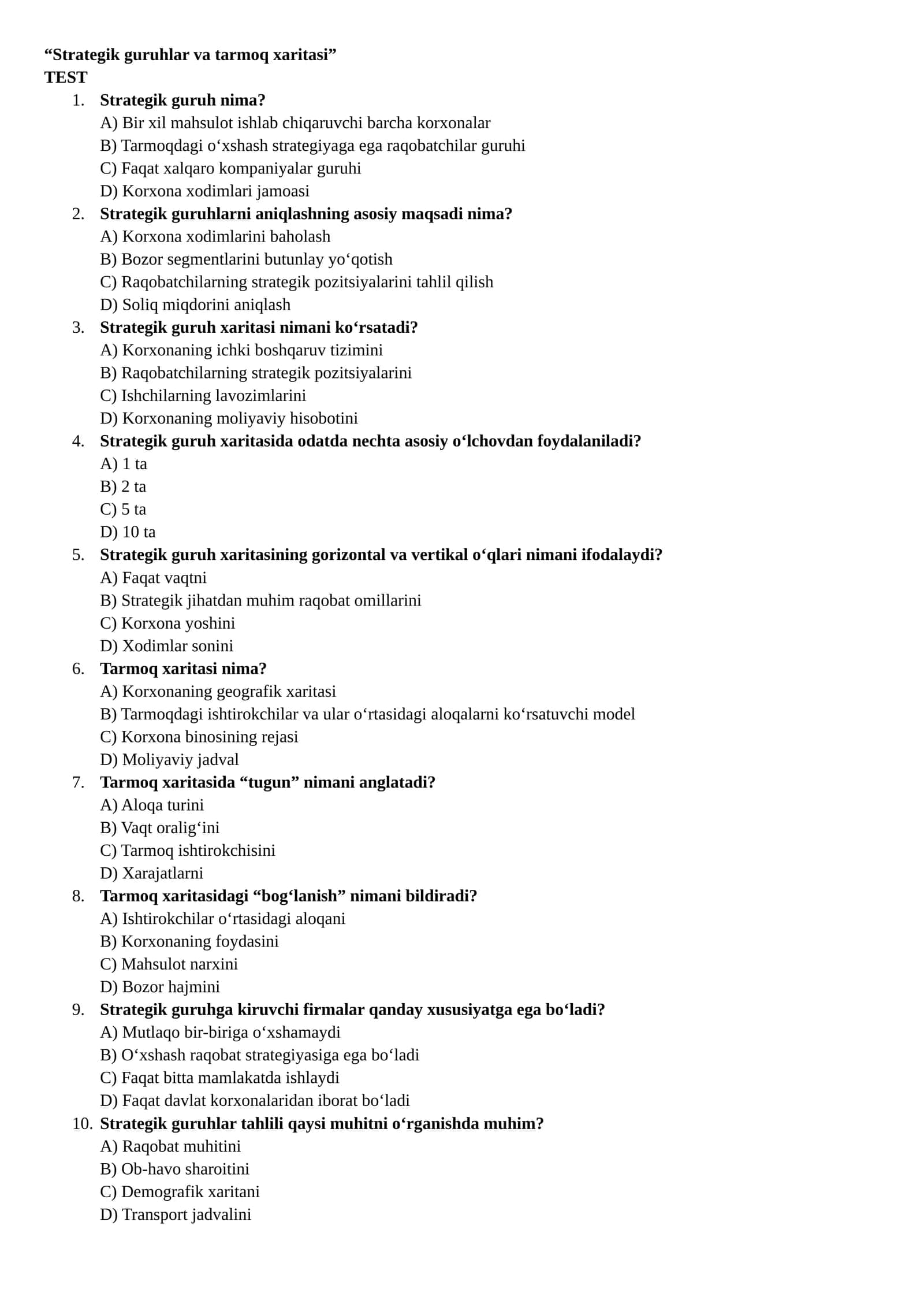 Strategik guruhlar va tarmoq xaritasi