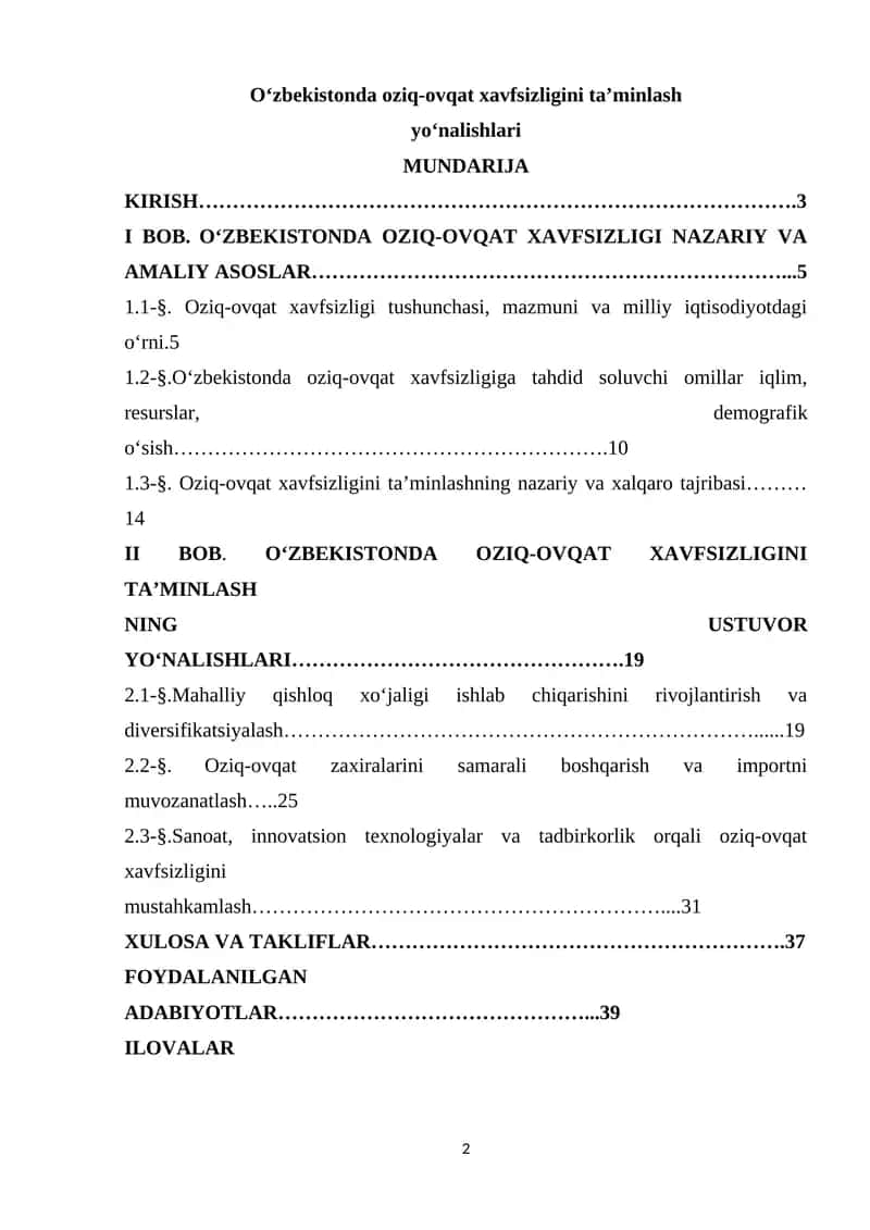 O‘zbekistonda oziq-ovqat xavfsizligini ta’minlash