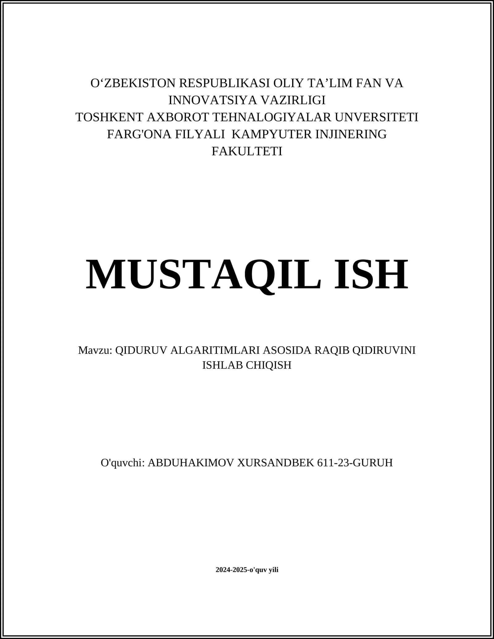 QIDURUV ALGARITIMLARI ASOSIDA RAQIB QIDIRUVINI ISHLAB CHIQISH
