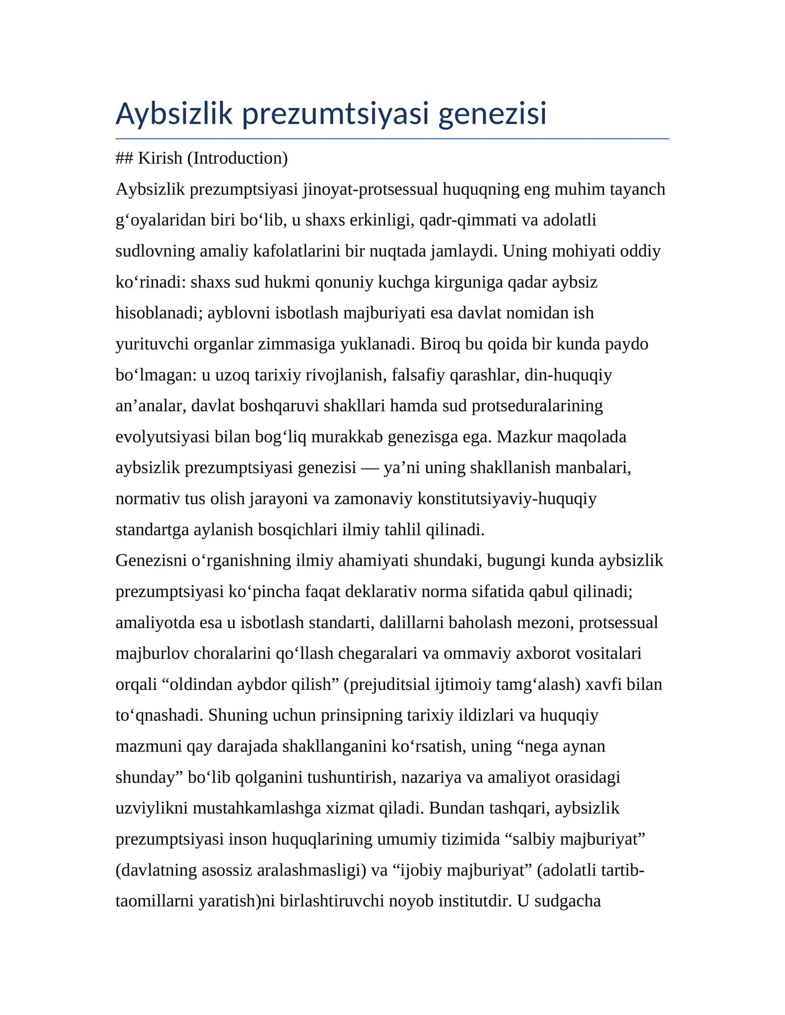 Aybsizlik prezumtsiyasi genezisi