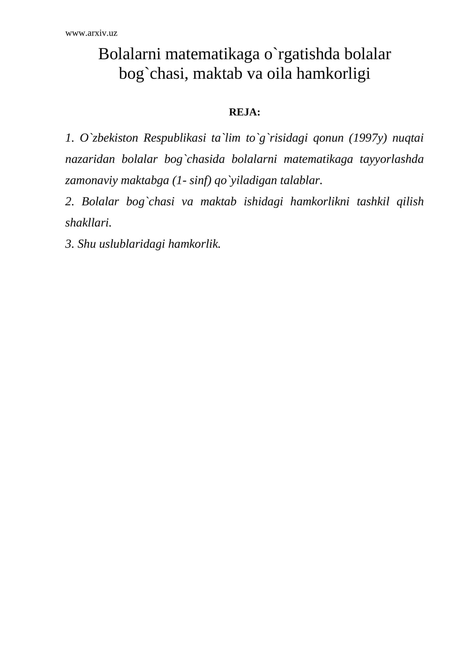 Bolalar bog`chasi va maktab ishidagi hamkorlik