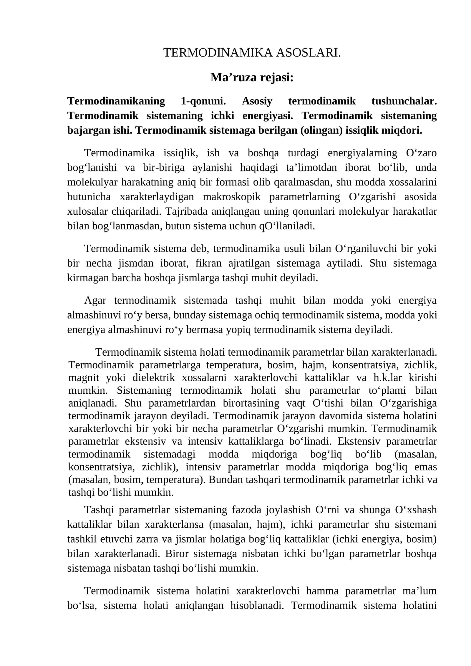 TERMODINAMIKA ASOSLARI