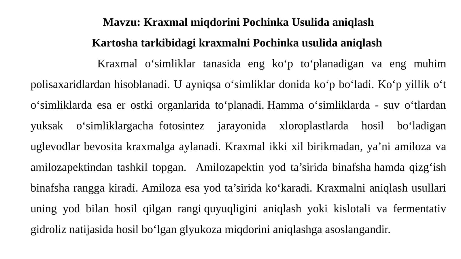 Kraxmalmiqdorini Pochinka Usulida aniqlash