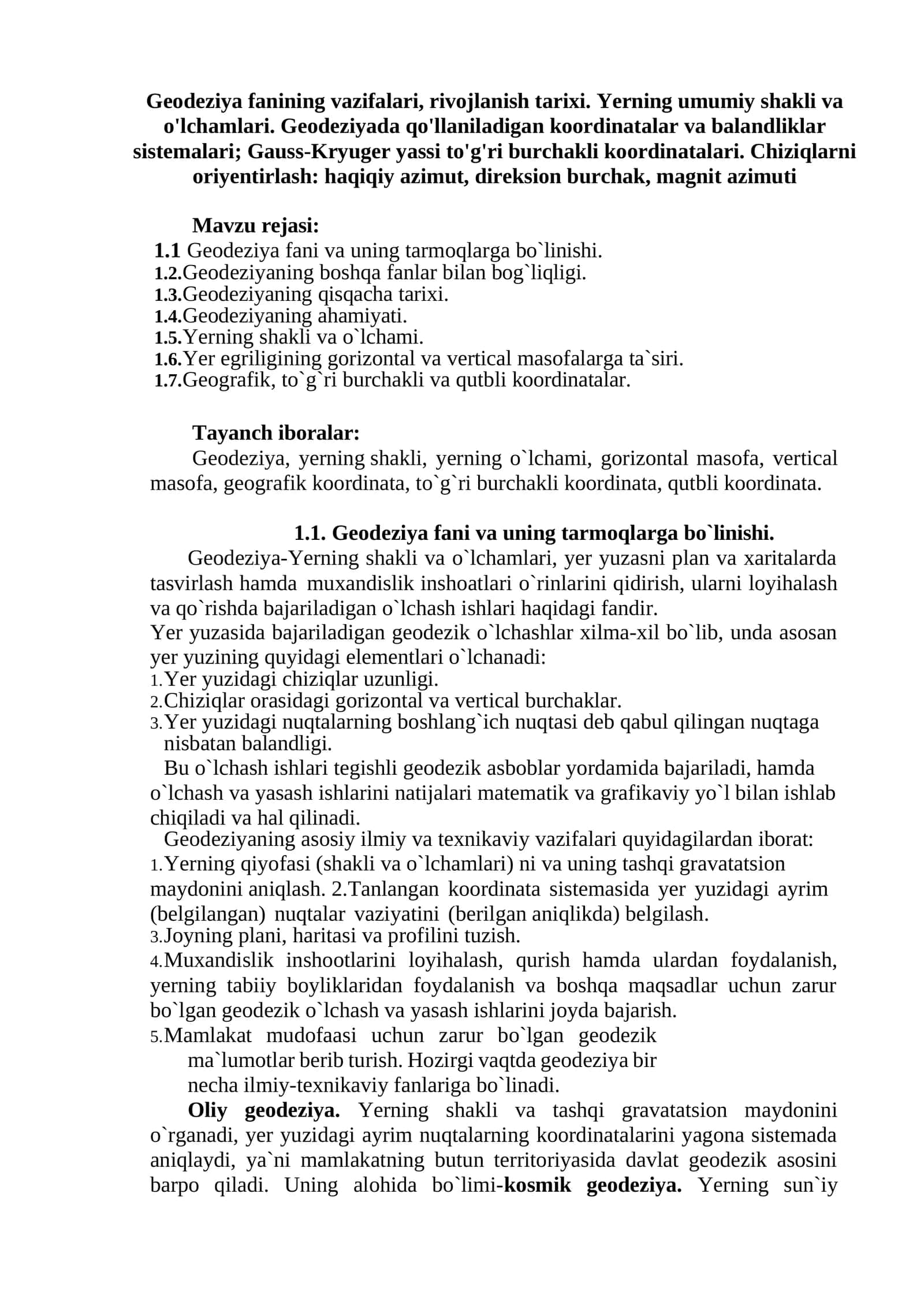 Geodeziya Fanining vazifalari