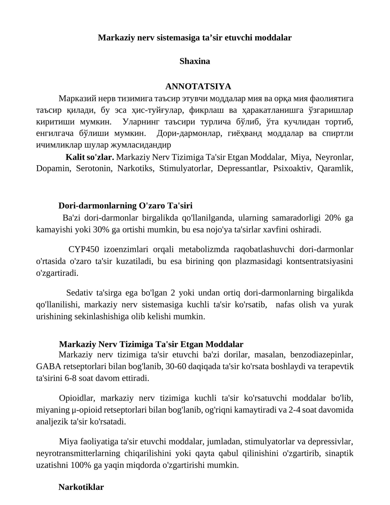 Markaziy nerv sistemasiga taʼsir etuvchi moddalar
