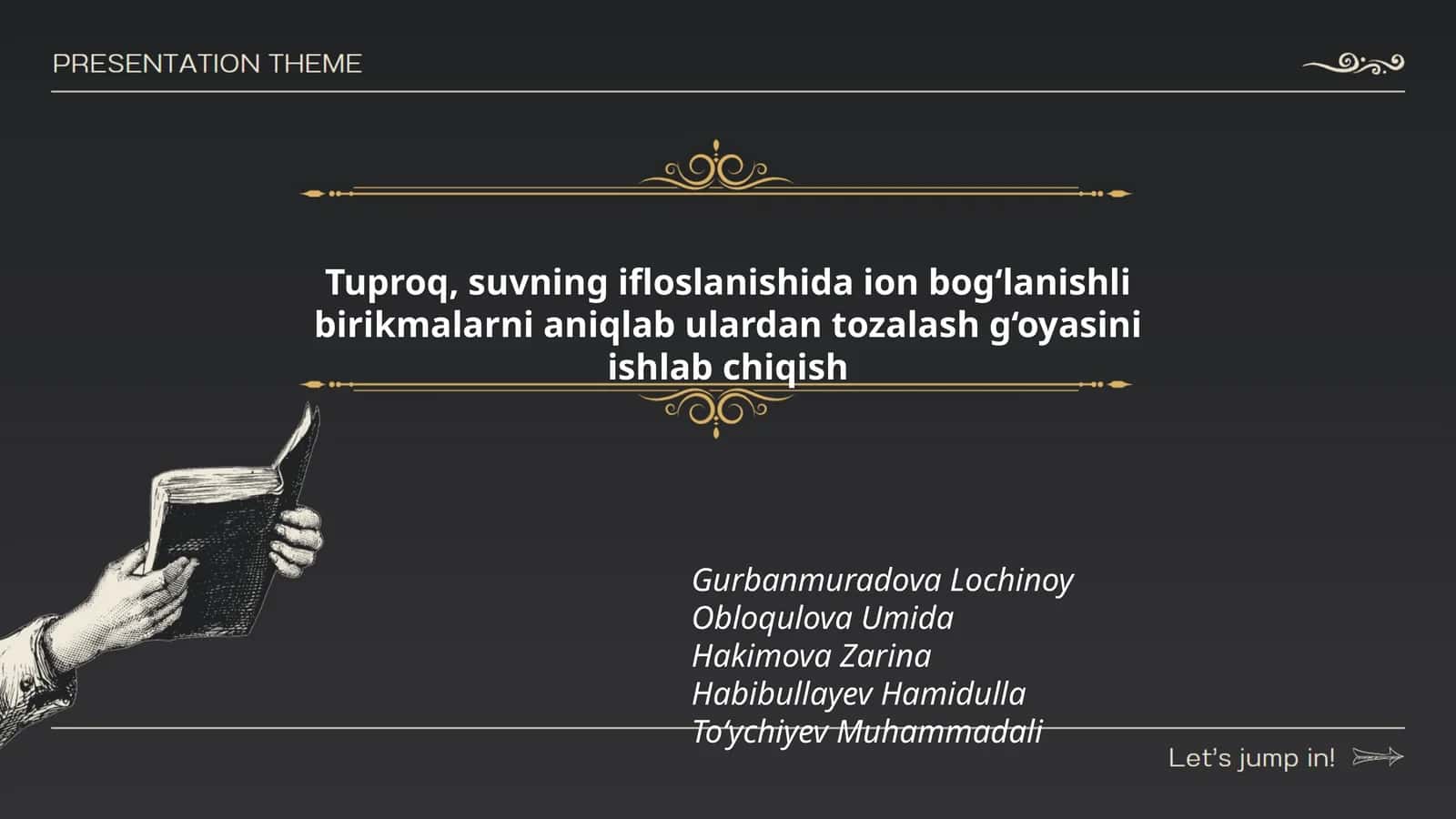 Tuproq, suvning ifloslanishida ion bog‘lanishli birikmalarni aniqlab ulardan tozalash g‘oyasini ishlab chiqish