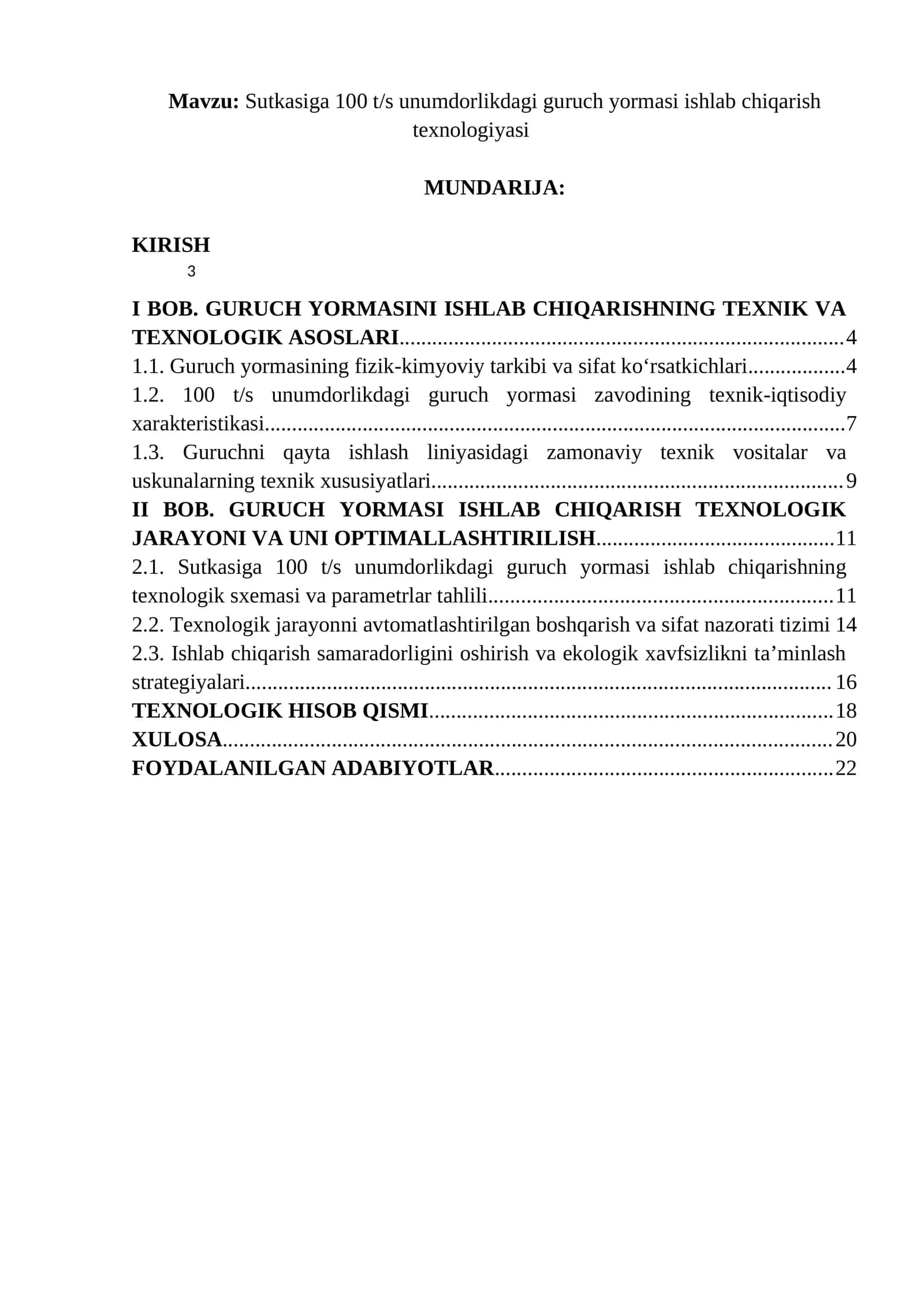 Sutkasiga 100 t/s unumdorlikdagi guruch yormasi ishlab chiqarish texnologiyasi