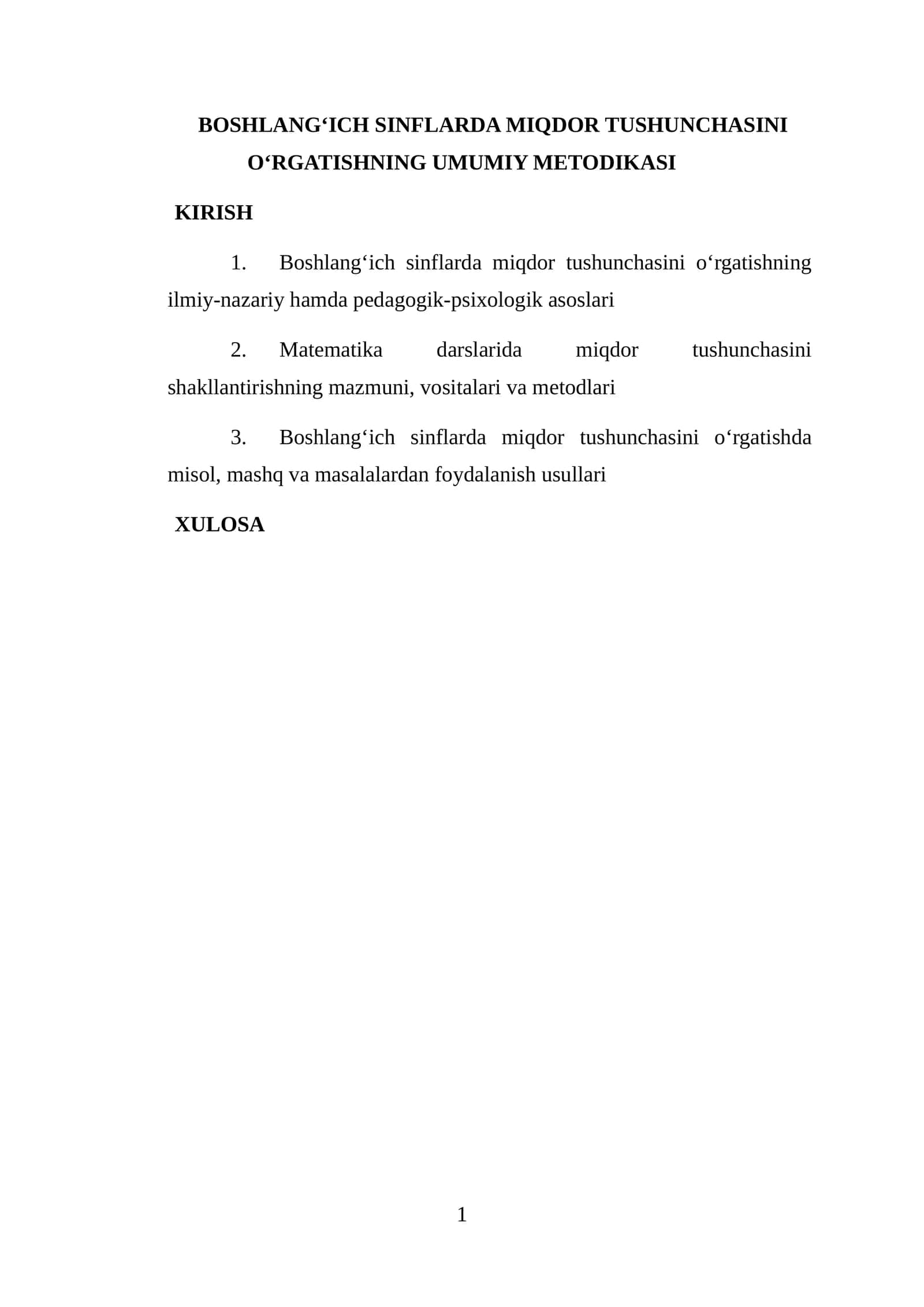 Boshlang‘ich sinflarda miqdor tushunchasini o‘rgatishning umumi metodikasi