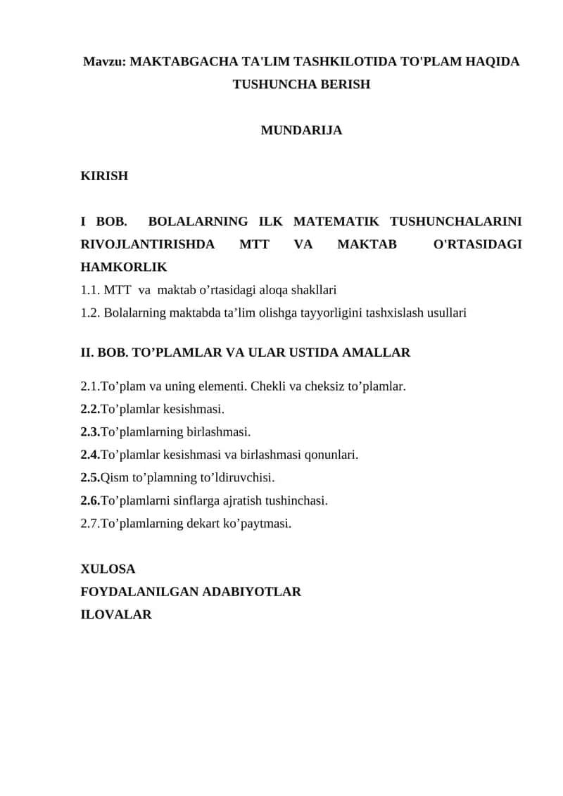 MAKTABGACHA TA'LIM TASHKILOTIDA TO'PLAM HAQIDA TUSHUNCHA BERISH