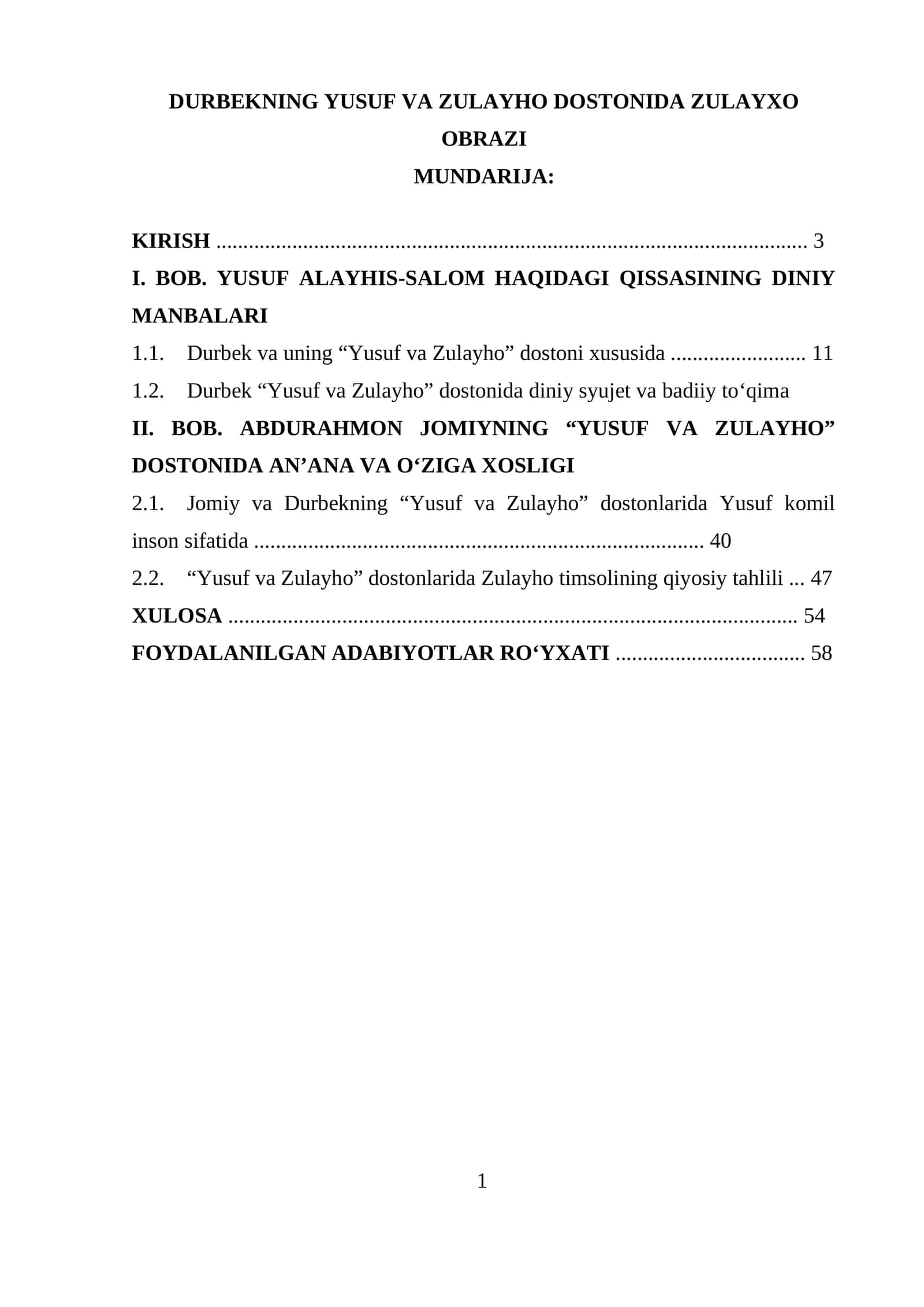 DURBEKNING YUSUF VA ZULAYHO DOSTONIDA ZULAYXO OBRAZI