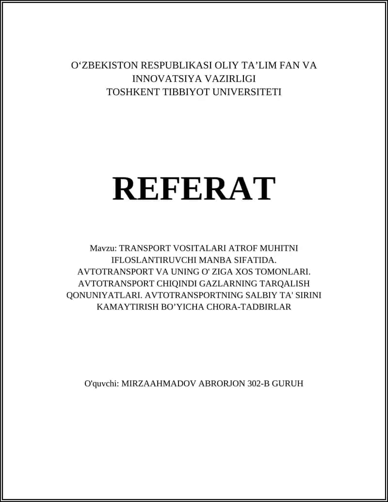 TRANSPORT VOSITALARI ATROF MUHITNI IFLOSLANTIRUVCHI MANBA SIFATIDA