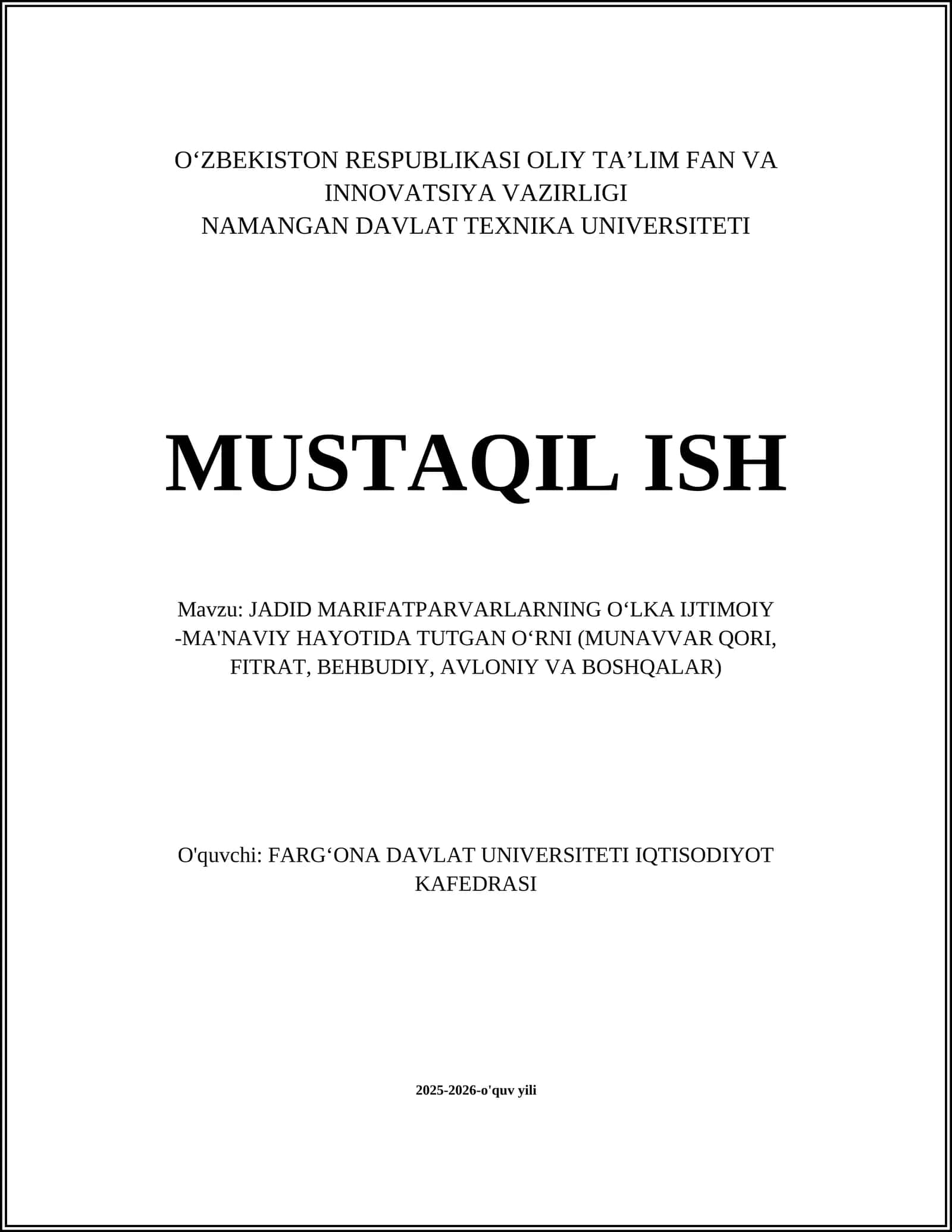 JADID MARIFATPARVARLARNING OʻLKA IJTIMOIY -MA'NAVIY HAYOTIDA TUTGAN OʻRNI (MUNAVVAR QORI, FITRAT, BEHBUDIY, AVLONIY VA BOSHQALAR)
