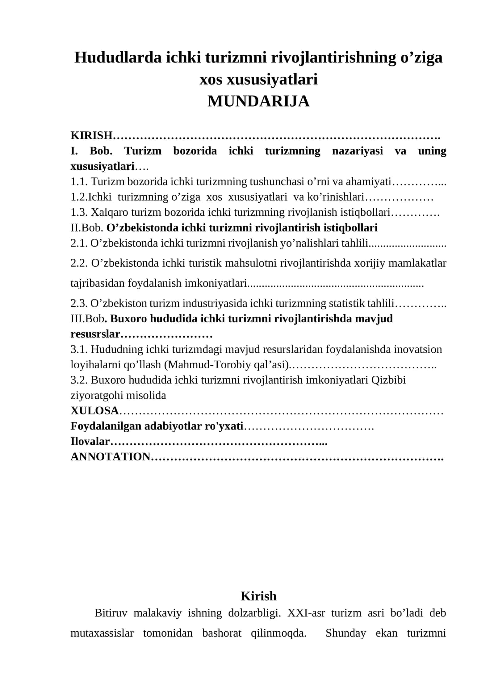 Hududlarda ichki turizmni rivojlantirishning o’ziga xos xususiyatlari