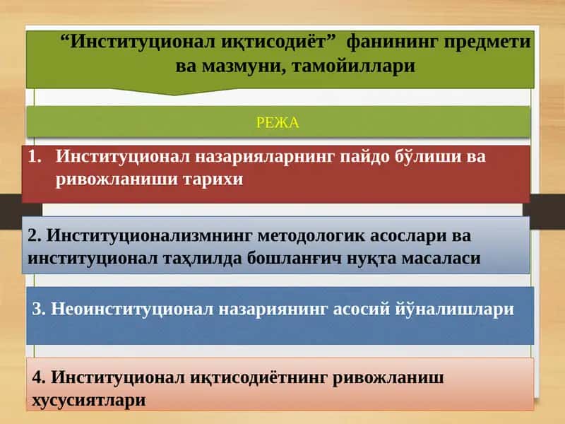Институционал иқтисодиёт” фанининг предмети ва мазмуни, тамойиллари