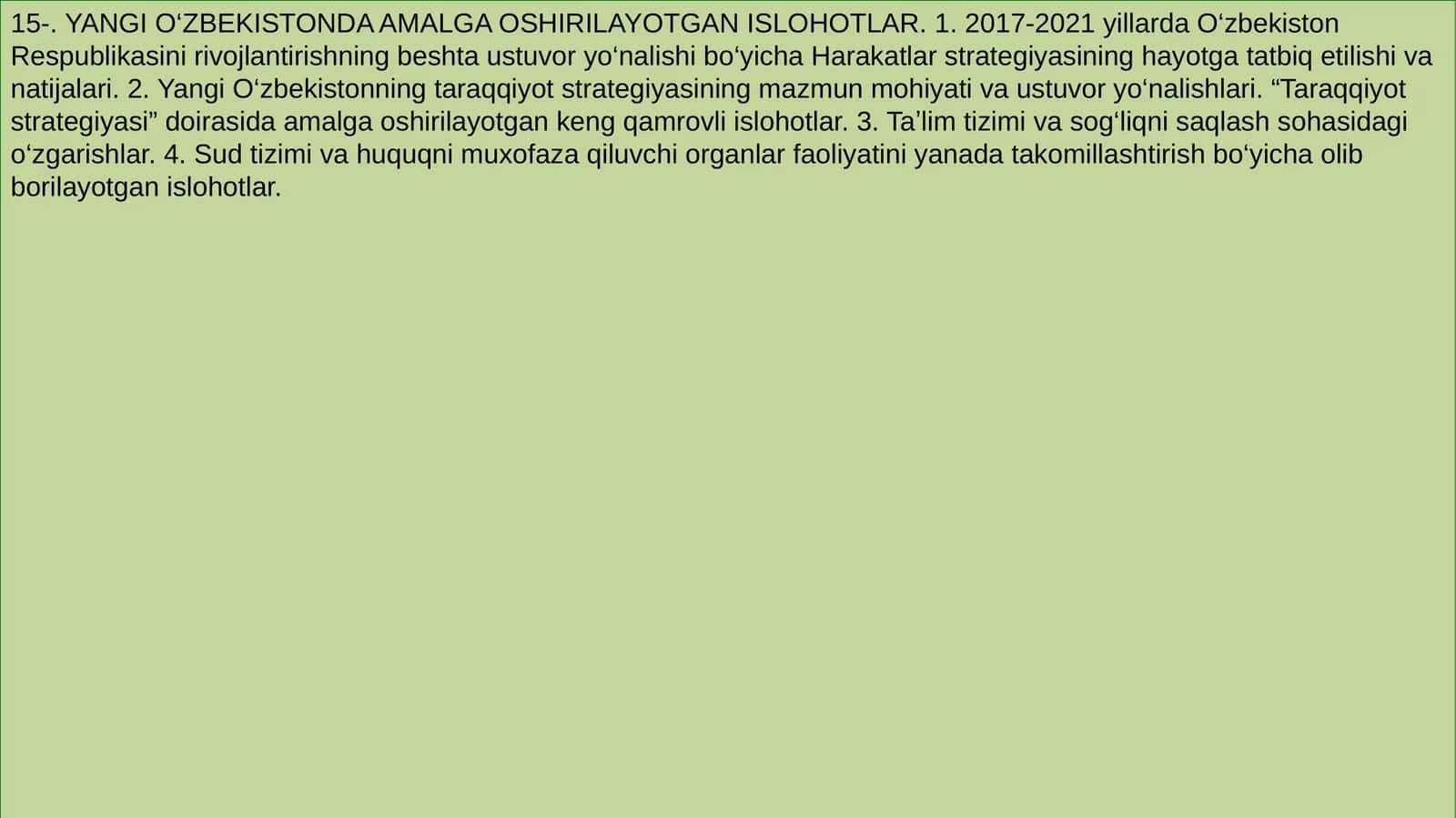 YANGI O‘ZBEKISTONDA AMALGA OSHIRILAYOTGAN ISLOHOTLAR