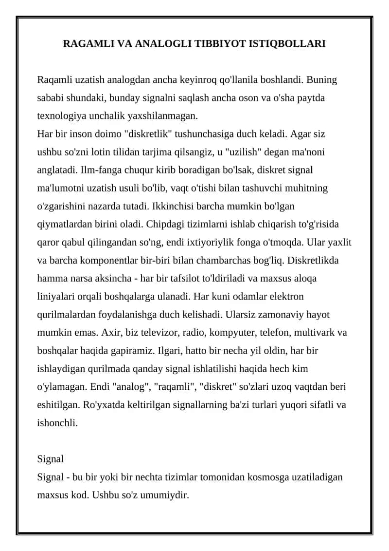 RAGAMLI VA ANALOGLI TIBBIYOT ISTIQBOLLARI