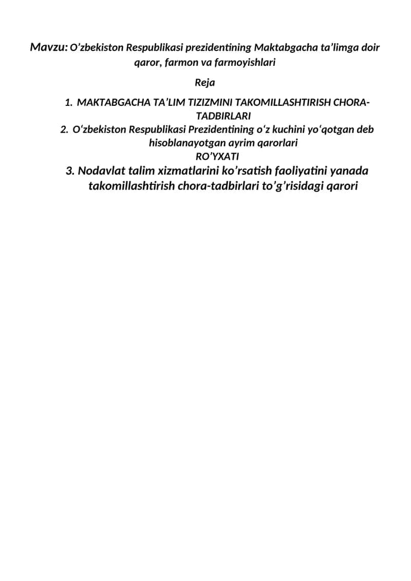 O’zbekiston Respublikasi prezidentining Maktabgacha ta’limga doir qaror, farmon va farmoyishlari