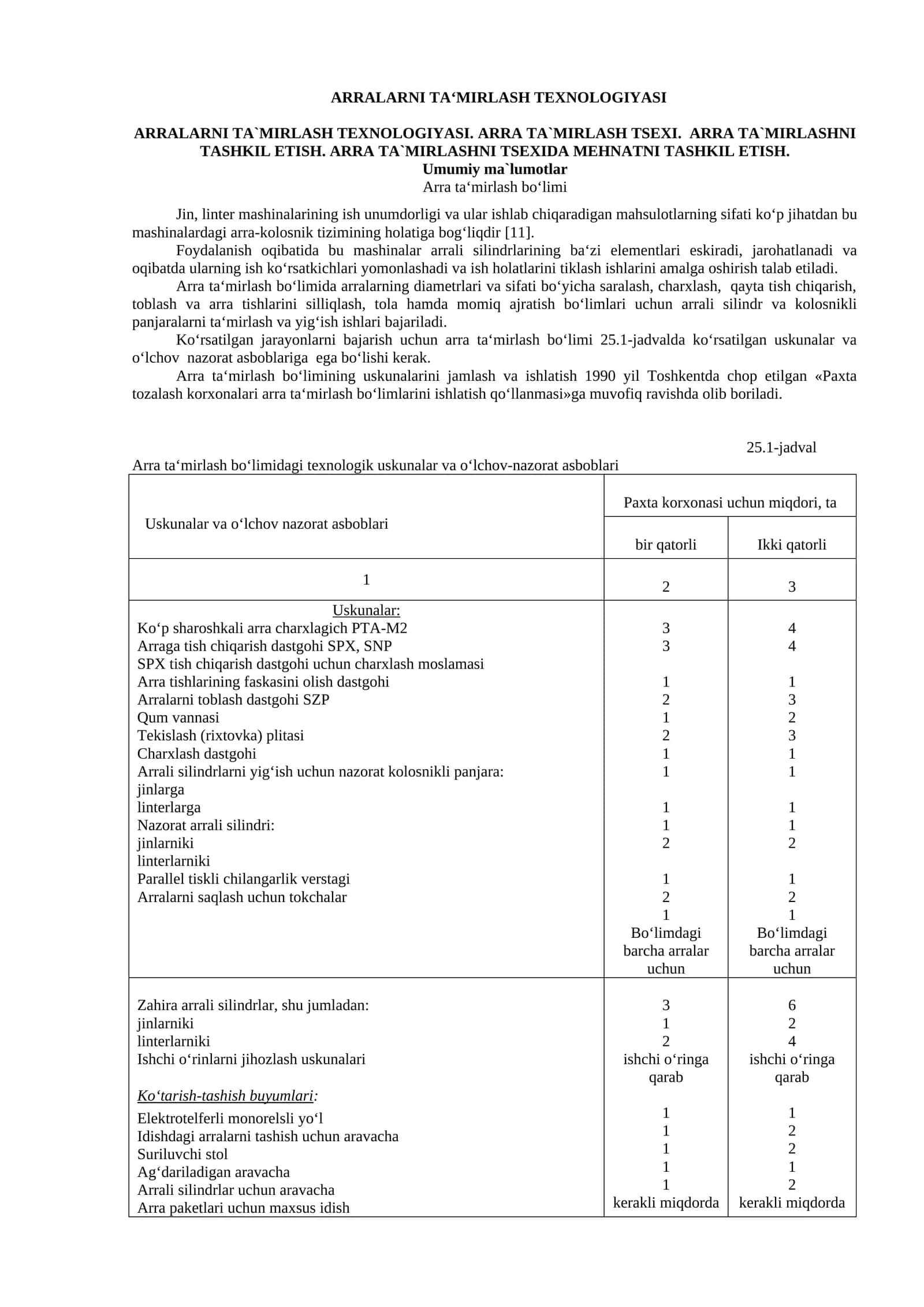 ARRALARNI TA`MIRLASH TEXNOLOGIYASI. ARRA TA`MIRLASH TSEXI. ARRA TA`MIRLASHNI TASHKIL ETISH. ARRA TA`MIRLASHNI TSEXIDA MEHNATNI TASHKIL ETISH.