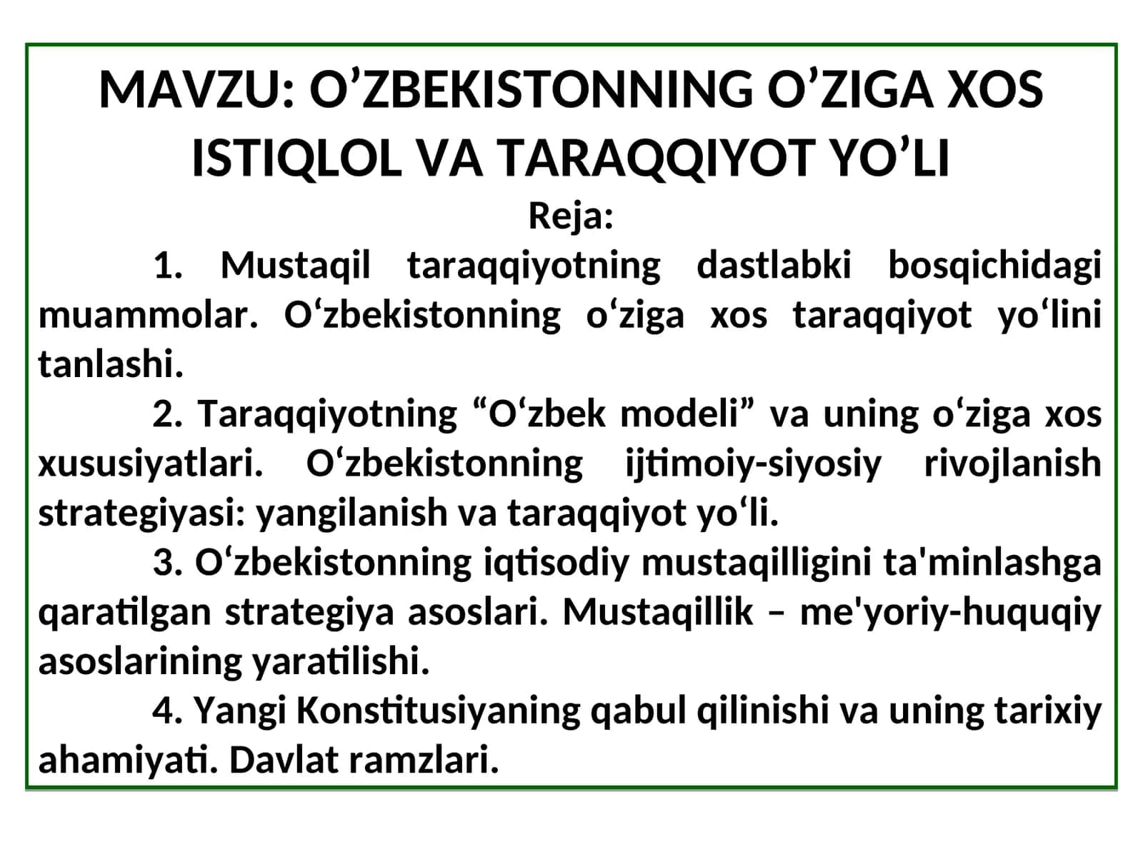 O’ZBEKISTONNING O’ZIGA XOS ISTIQLOL VA TARAQQIYOT YO’LI
