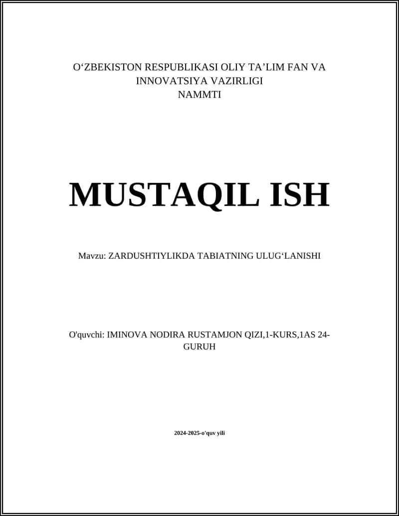 ZARDUSHTIYLIKDA TABIATNING ULUGʻLANISHI