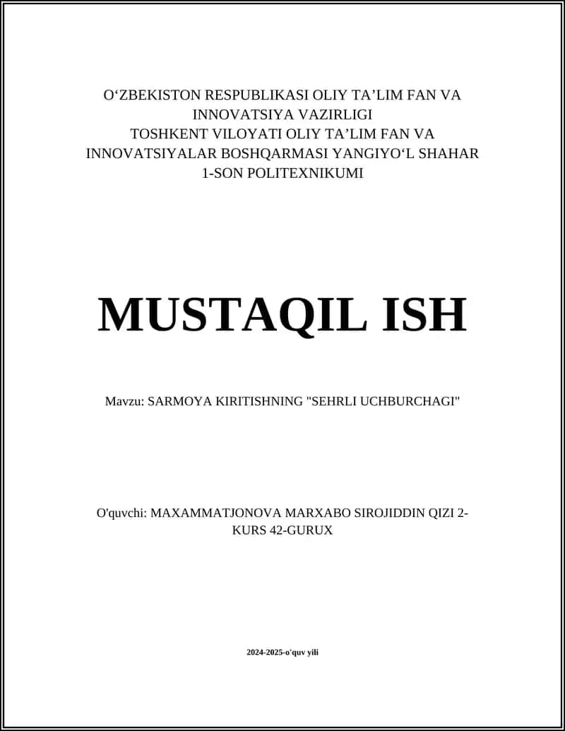 SARMOYA KIRITISHNING "SEHRLI UCHBURCHAGI"