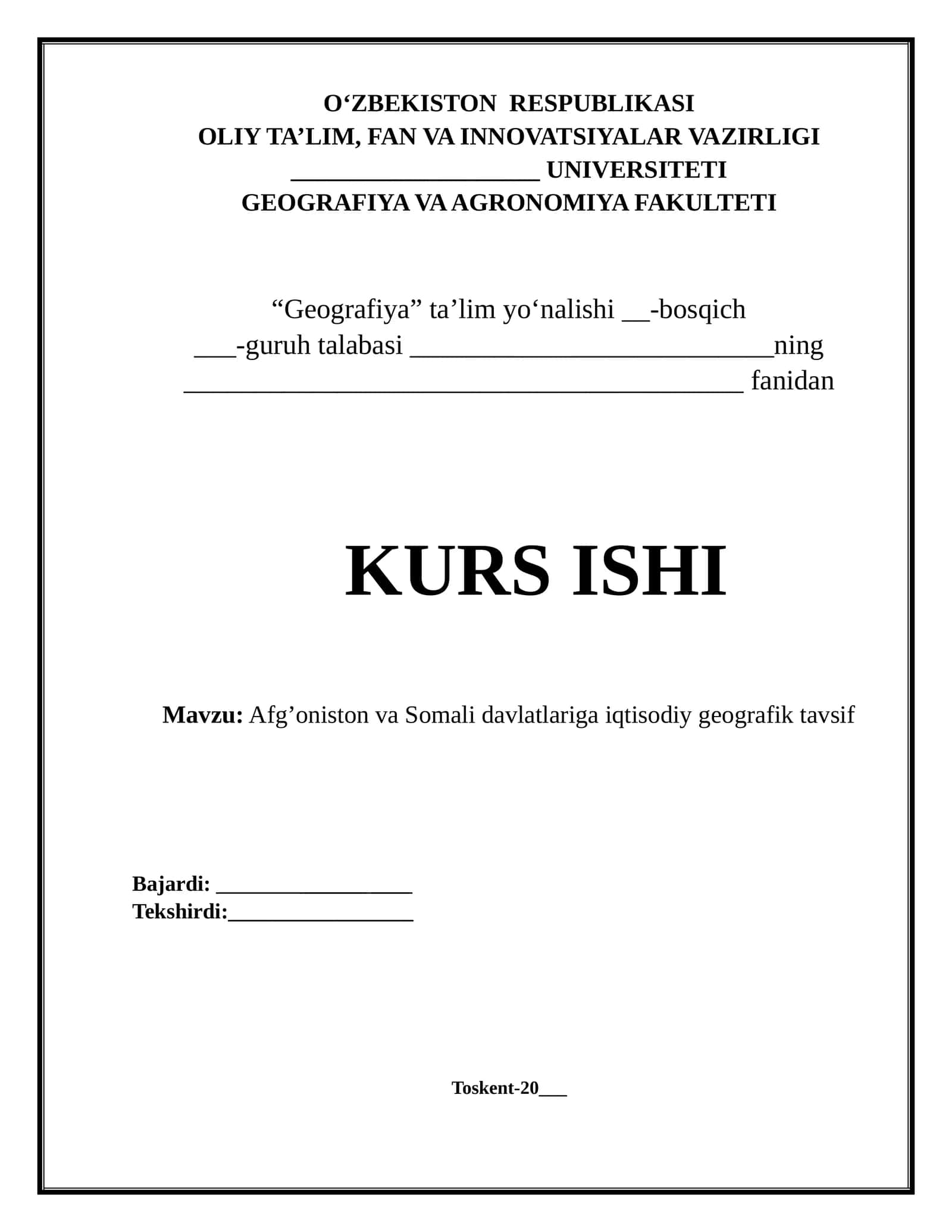 Afg’oniston va Somali davlatlariga iqtisodiy geografik tavsif