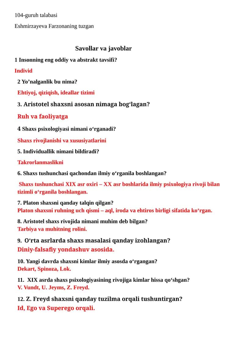 Shaxs psixalogiyasi fanidan 40 ta savol va javob