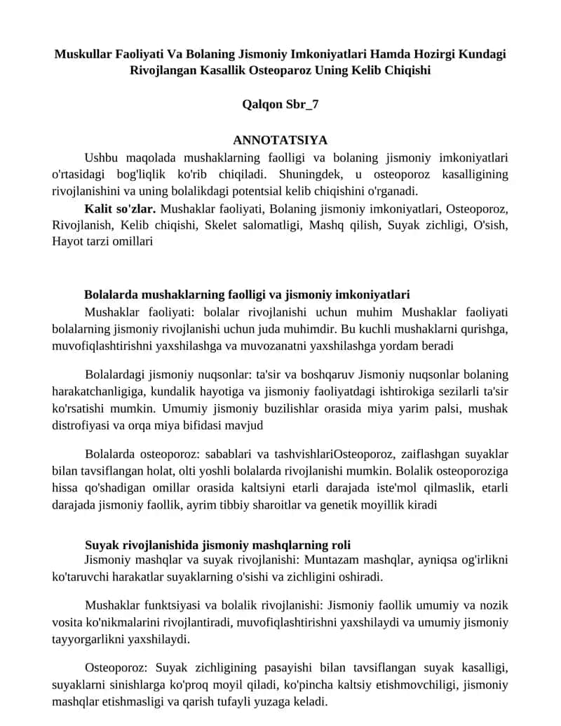 Muskullar Faoliyati Va Bolaning Jismoniy Imkoniyatlari Hamda Hozirgi Kundagi Rivojlangan Kasallik Osteoparoz Uning Kelib Chiqishi