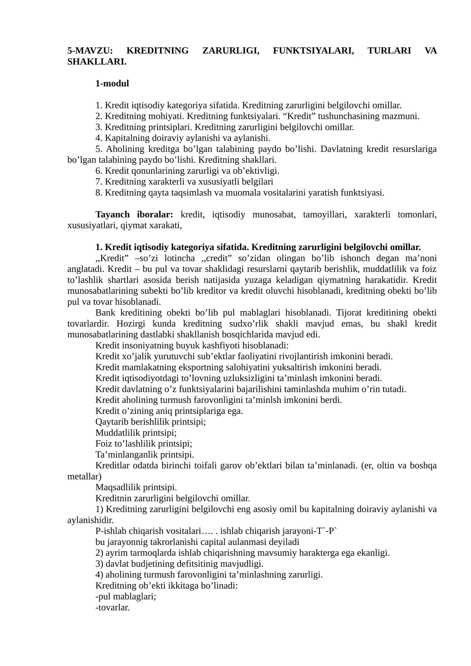 KREDITNING ZARURLIGI, FUNKTSIYALARI, TURLARI VA SHAKLLARI