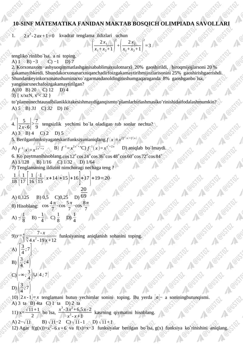10-SINF MATEMATIKA FANIDAN MAKTAB BOSQICH OLIMPIADA SAVOLLARI