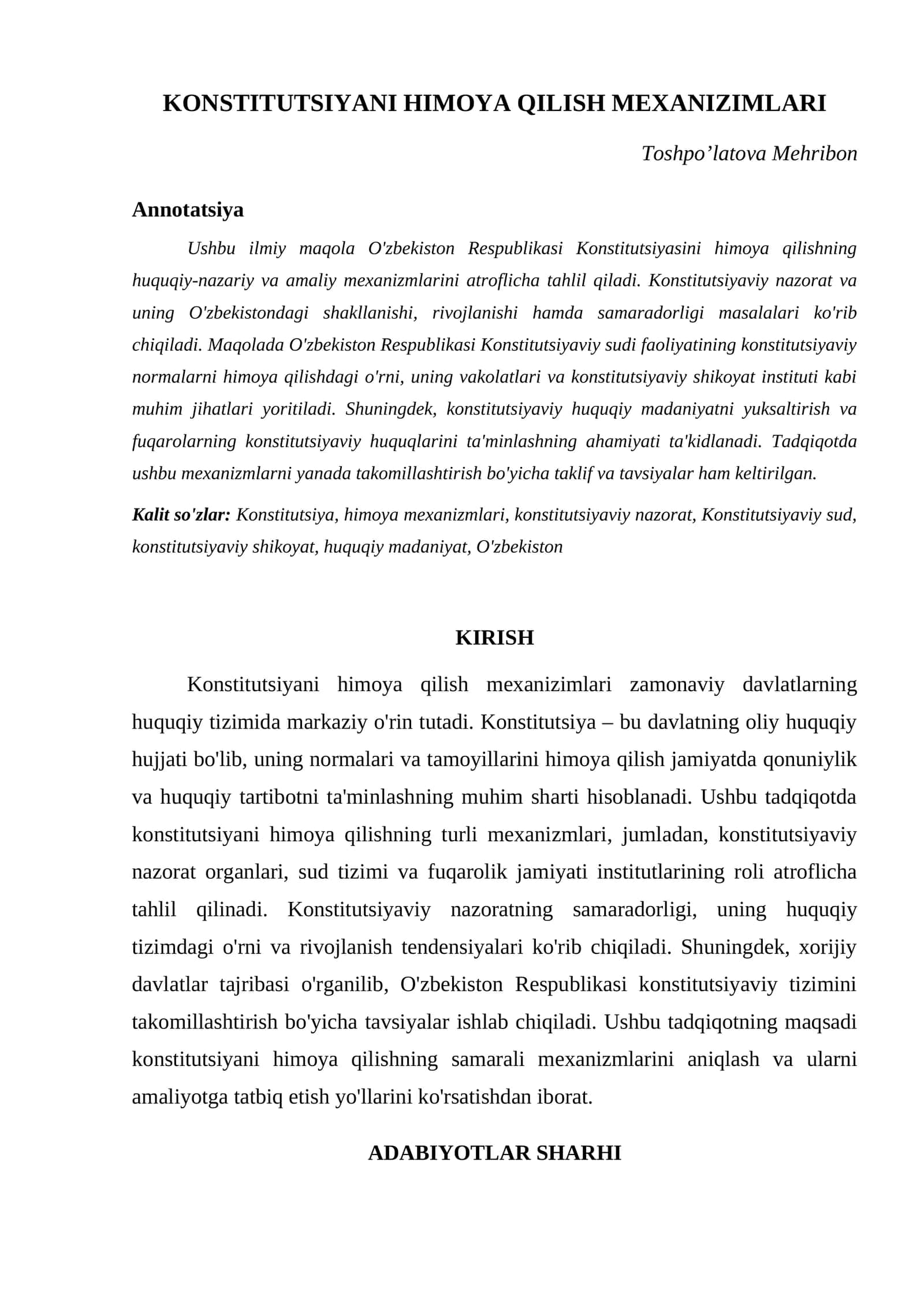 KONSTITUTSIYANI HIMOYA QILISH MEXANIZIMLARI