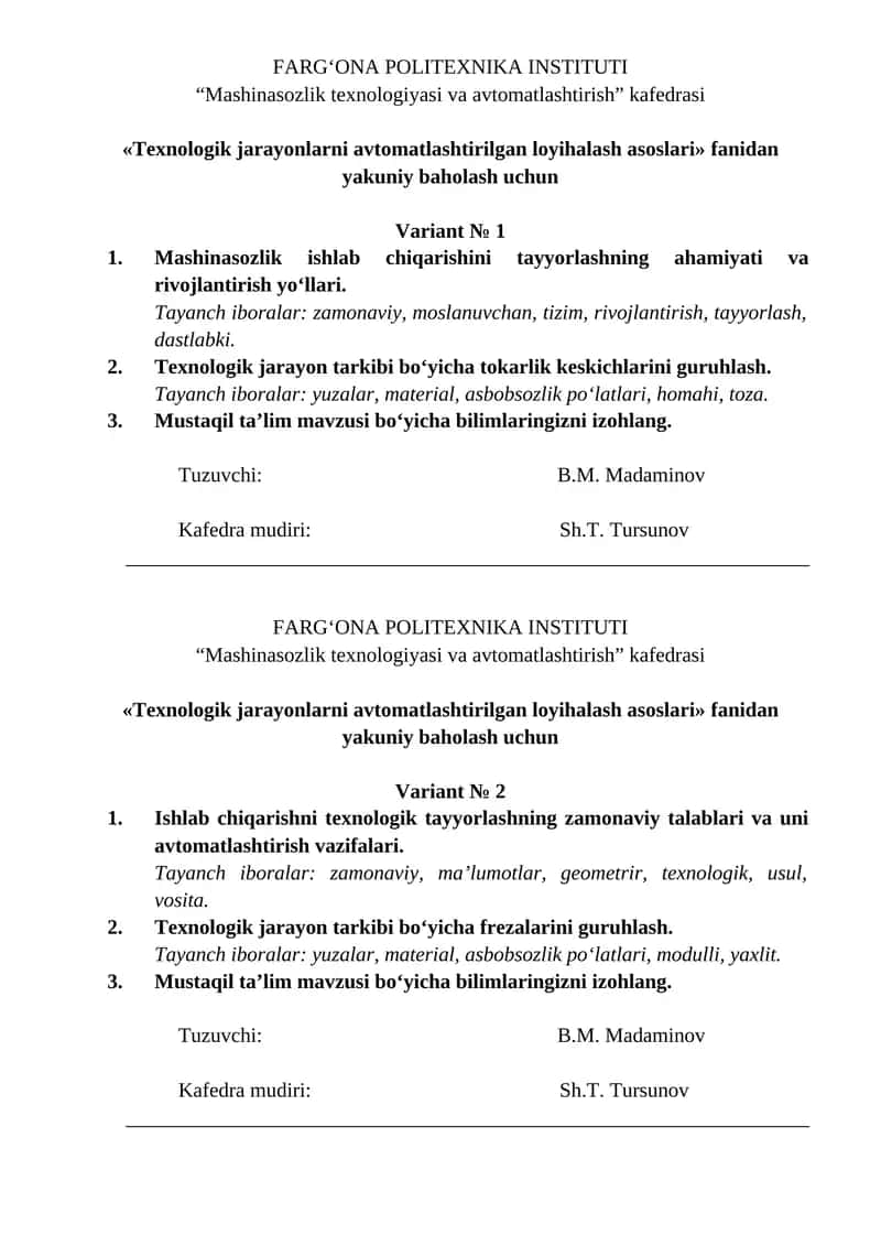 Texnologik jarayonlarni avtomatlashtirilgan loyihalash asoslari