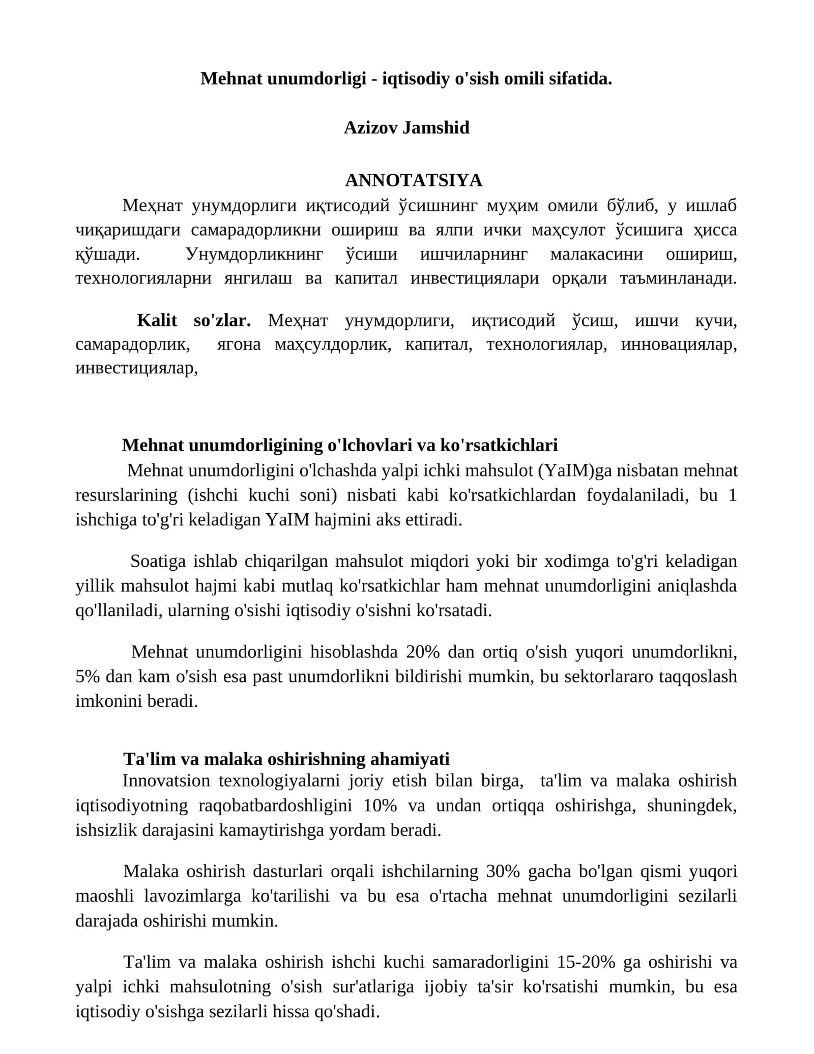 Mehnat unumdorligi - iqtisodiy o'sish omili sifatida